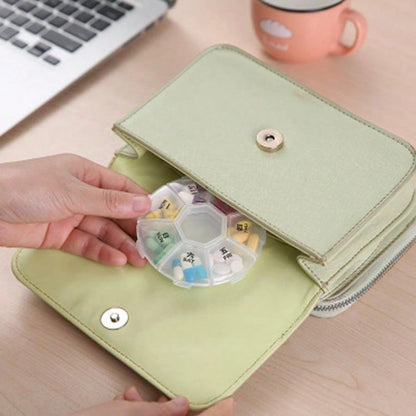 Round Portable Pill Box, Medication Planner, Small 7-Day Weekly Travel Container, Medicine, Vitamin Holder, Pill Storage Box, Pill Dispenser, Daily Organization And Reminder