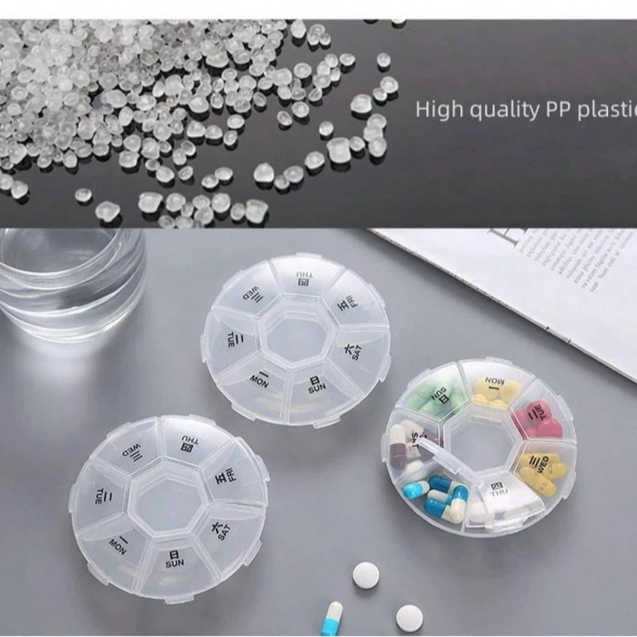 Round Portable Pill Box, Medication Planner, Small 7-Day Weekly Travel Container, Medicine, Vitamin Holder, Pill Storage Box, Pill Dispenser, Daily Organization And Reminder