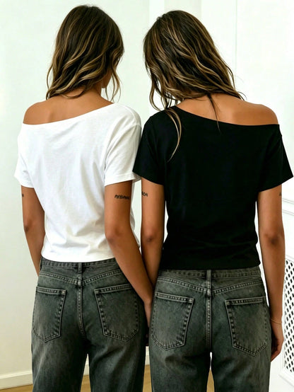 Rovax Asymmetrical Shoulder Short Sleeve Cropped T-Shirt