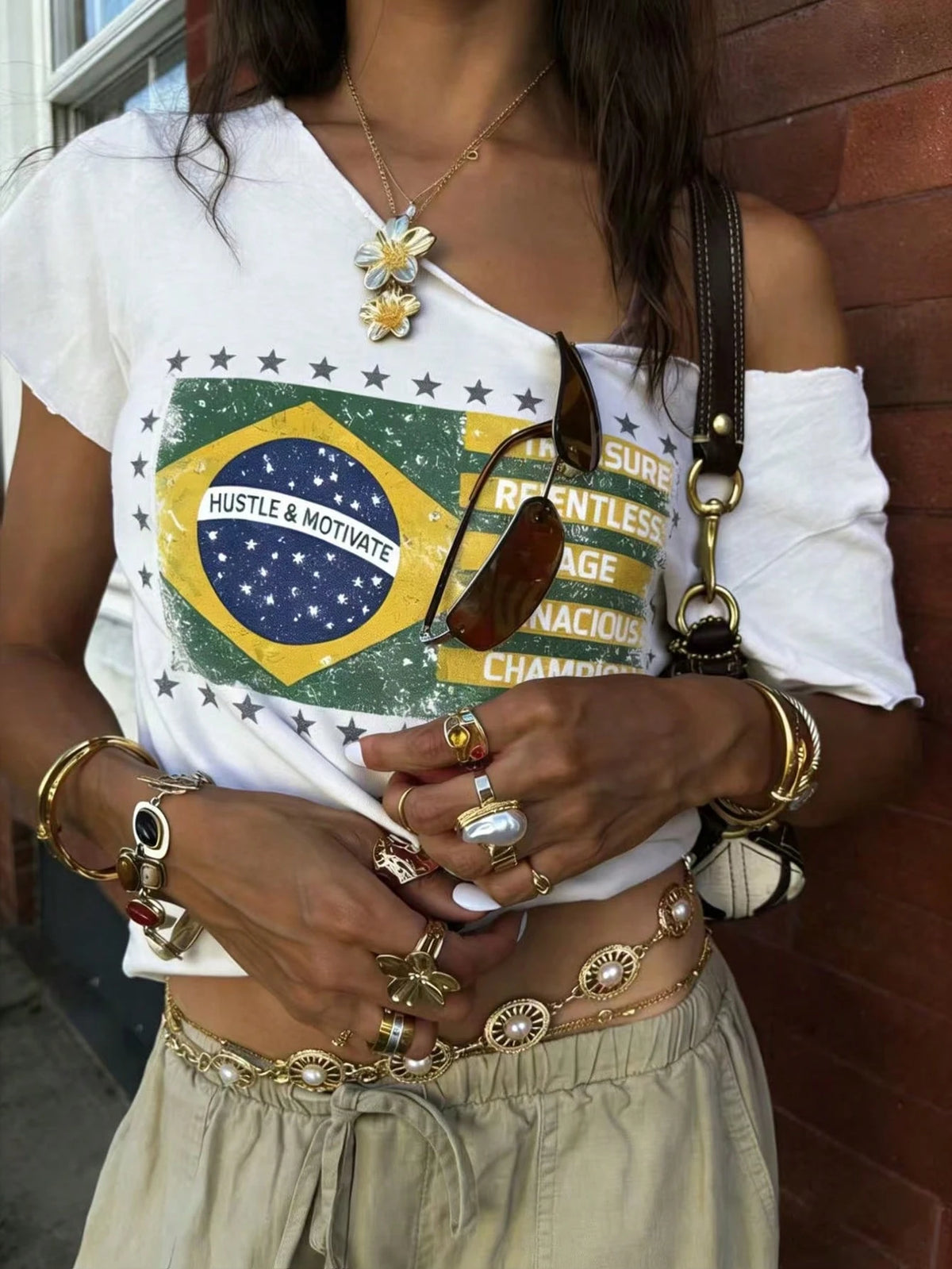 Rovax Asymmetrical Shoulder Short Sleeve Cropped T-Shirt