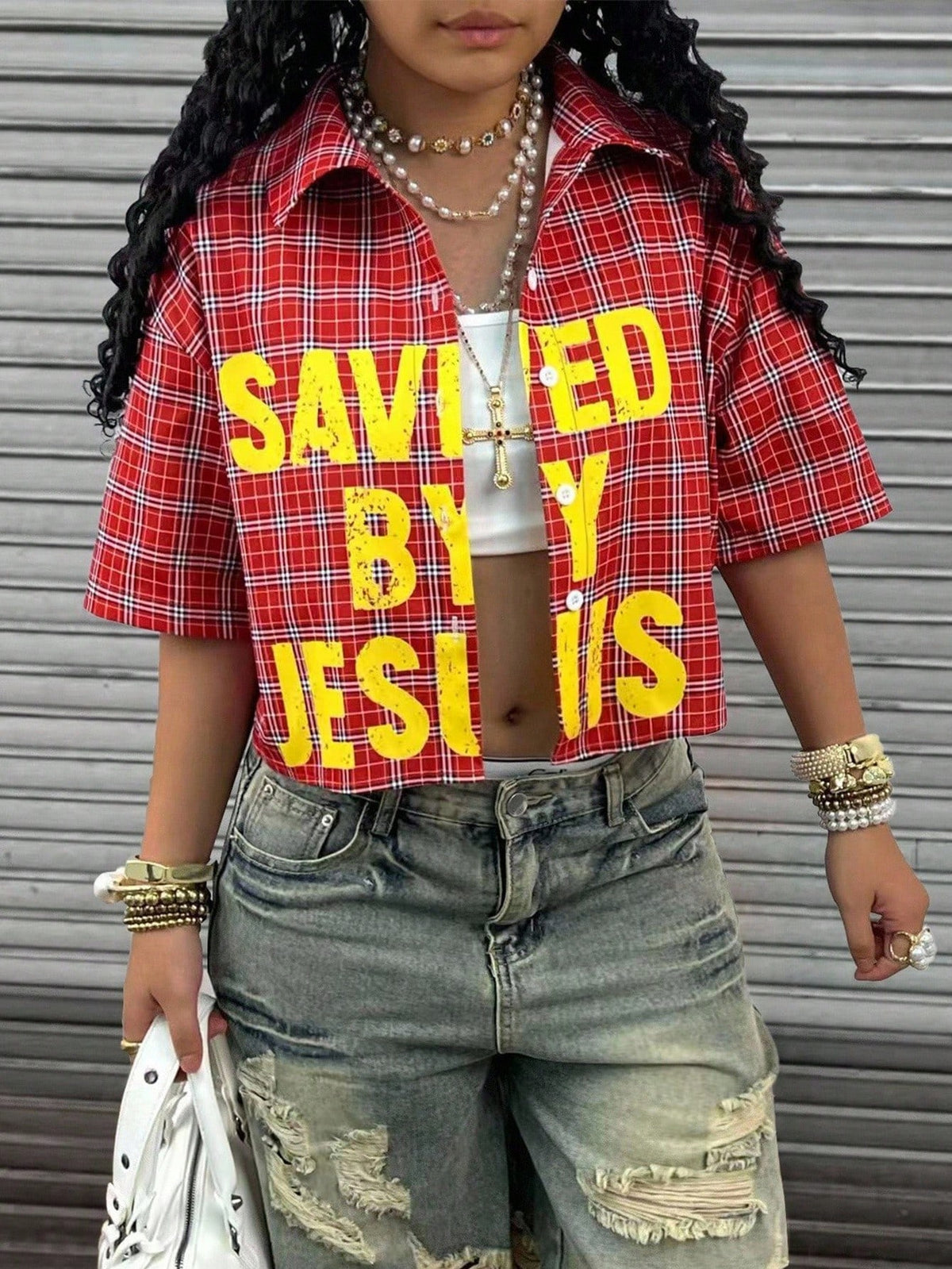 Rovax Color Block Plaid Raglan Short Sleeve Cropped Shirt