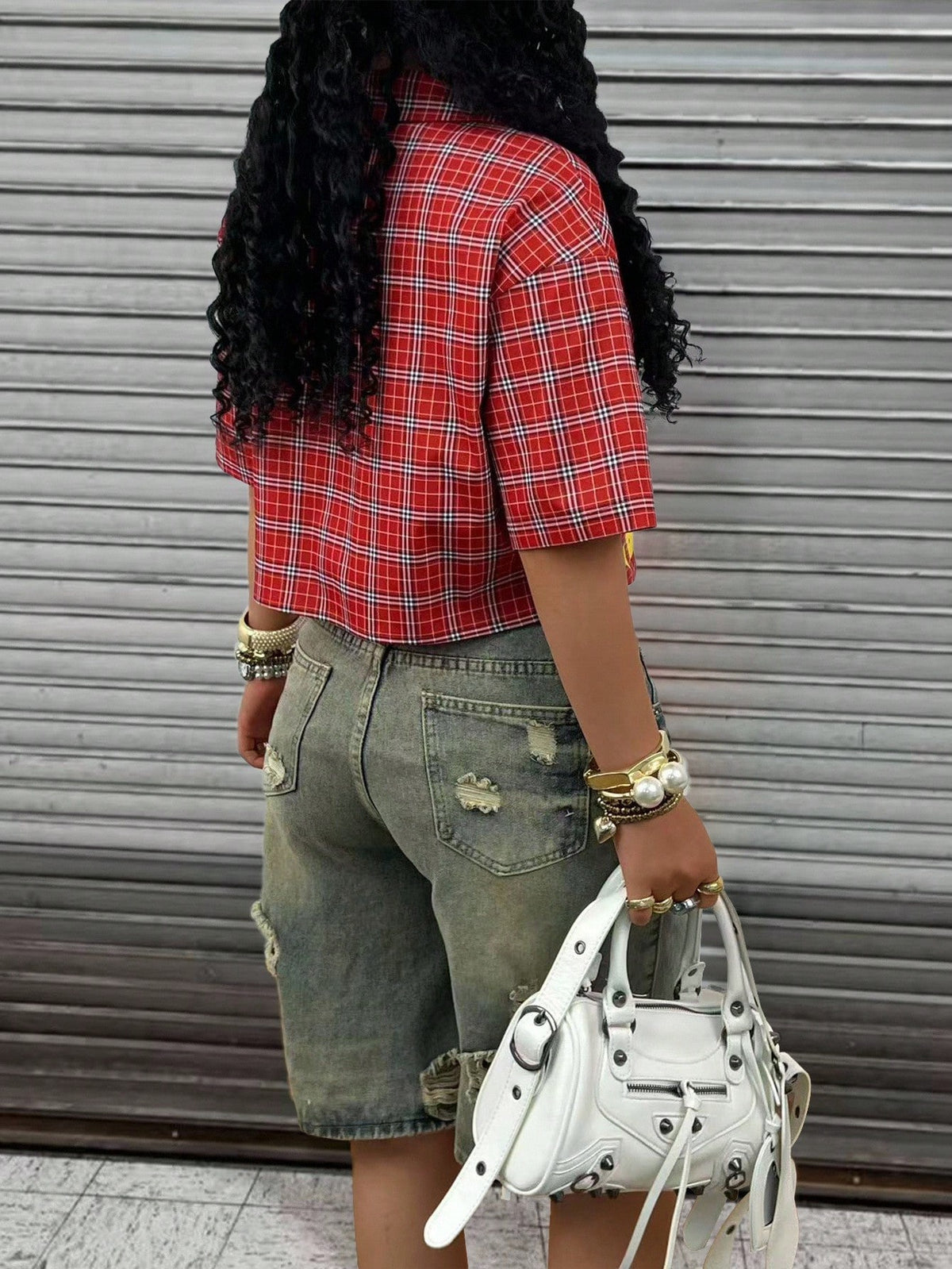Rovax Color Block Plaid Raglan Short Sleeve Cropped Shirt