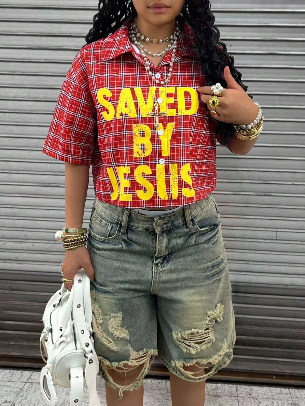 Rovax Color Block Plaid Raglan Short Sleeve Cropped Shirt