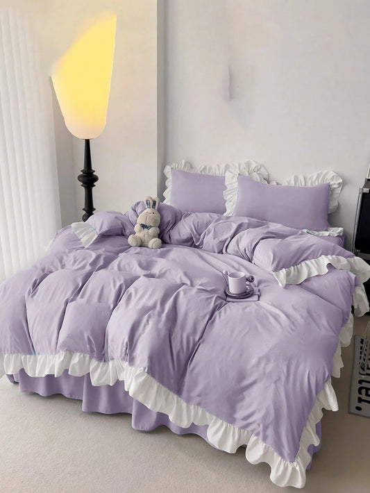 Ruffle Edge Girly Style Skin-Friendly Soft Comfortable Duvet Cover Set 3pcs (1*Duvet Cover+2*Pillowcases), Suitable For Bedroom, Guest Room, Machine Washable, All Seasons