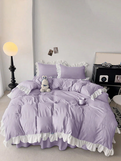 Ruffle Edge Girly Style Skin-Friendly Soft Comfortable Duvet Cover Set 3pcs (1*Duvet Cover+2*Pillowcases), Suitable For Bedroom, Guest Room, Machine Washable, All Seasons