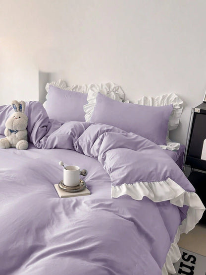 Ruffle Edge Girly Style Skin-Friendly Soft Comfortable Duvet Cover Set 3pcs (1*Duvet Cover+2*Pillowcases), Suitable For Bedroom, Guest Room, Machine Washable, All Seasons
