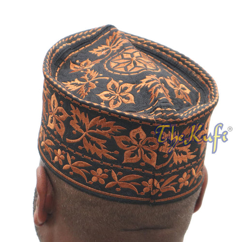Rust Brown Omani African Yemeni Embroidered Leaf & Flower Design Muslim Kufi Hat