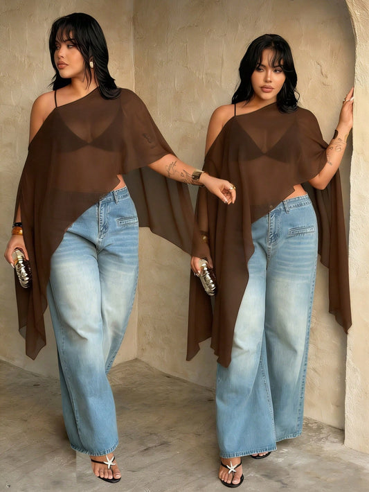 Rustia Plus Size Brown Plain Asymmetrical Hem Semi-Sheer Cloak Sleeve Regular Length Blouse