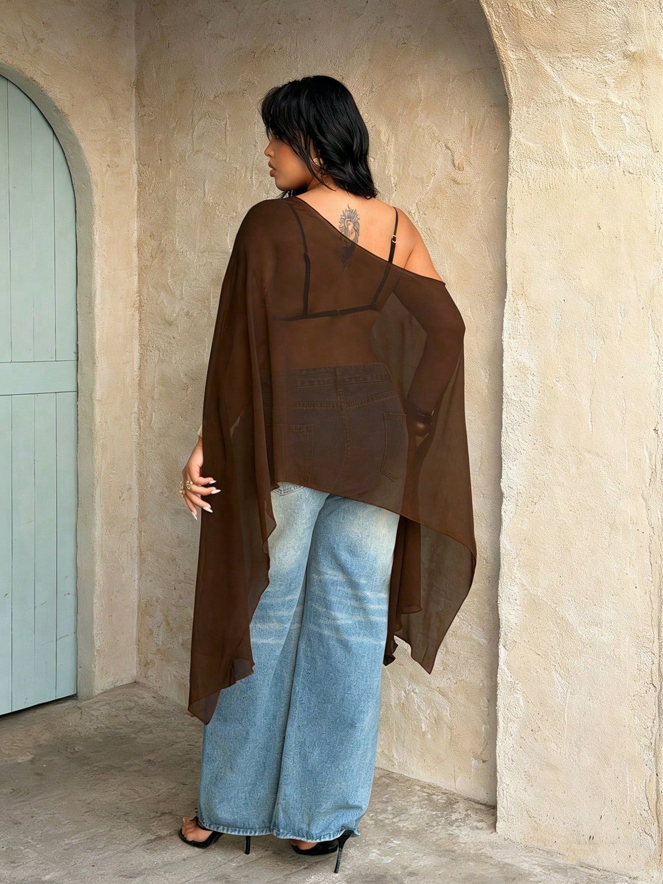 Rustia Plus Size Brown Plain Asymmetrical Hem Semi-Sheer Cloak Sleeve Regular Length Blouse