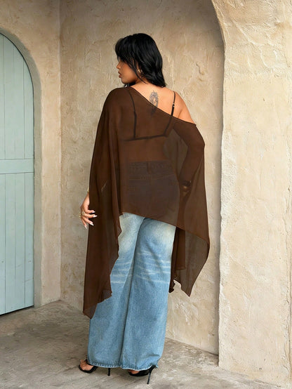 Rustia Plus Size Brown Plain Asymmetrical Hem Semi-Sheer Cloak Sleeve Regular Length Blouse