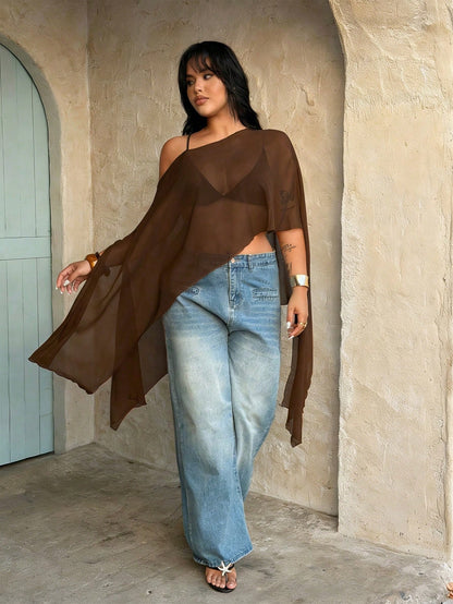 Rustia Plus Size Brown Plain Asymmetrical Hem Semi-Sheer Cloak Sleeve Regular Length Blouse
