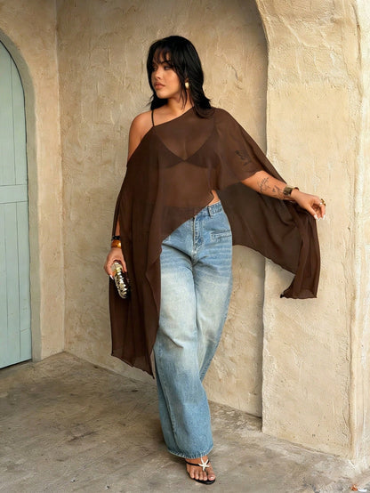 Rustia Plus Size Brown Plain Asymmetrical Hem Semi-Sheer Cloak Sleeve Regular Length Blouse