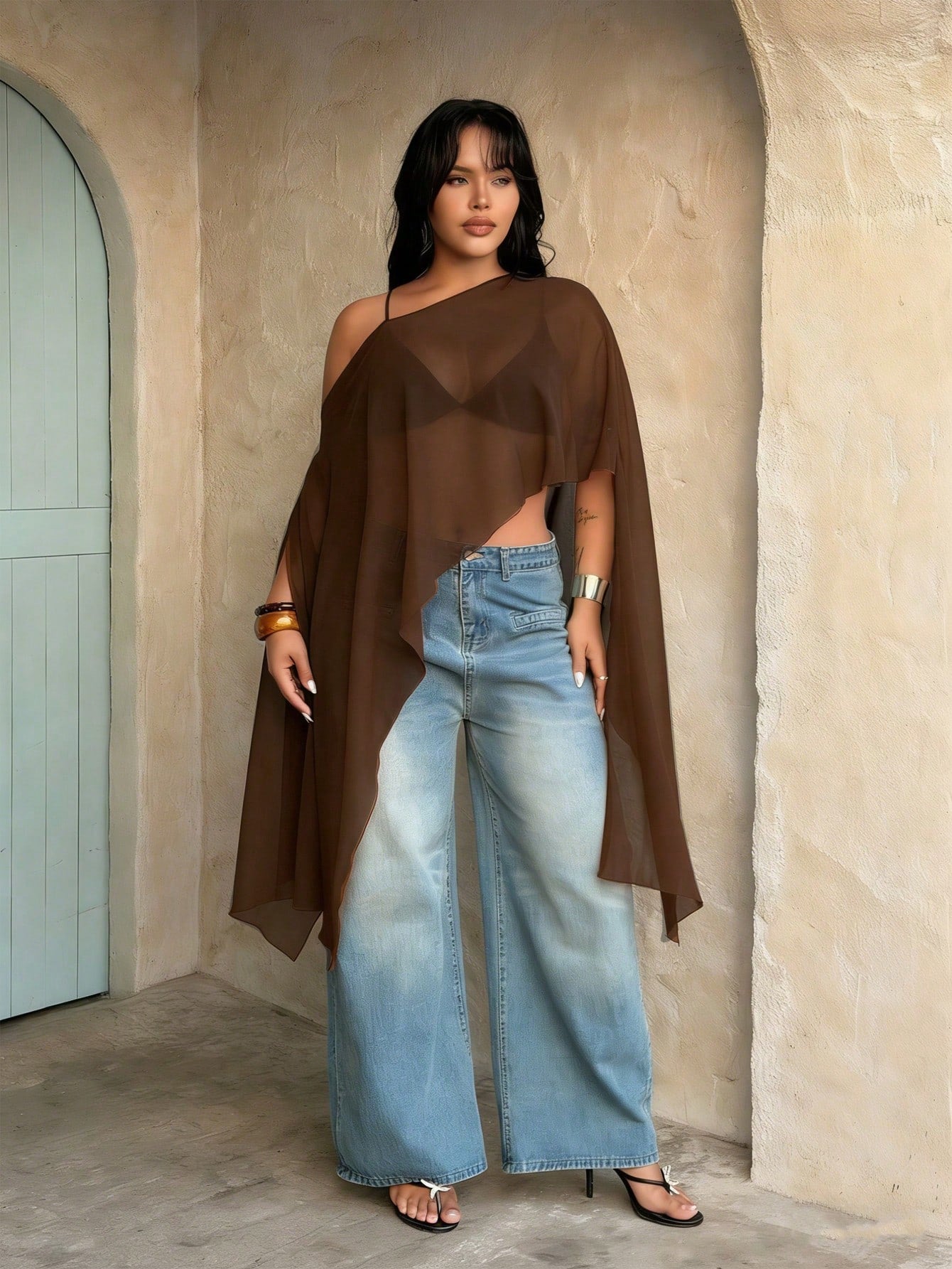 Rustia Plus Size Brown Plain Asymmetrical Hem Semi-Sheer Cloak Sleeve Regular Length Blouse