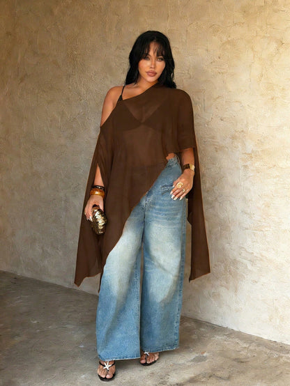 Rustia Plus Size Brown Plain Asymmetrical Hem Semi-Sheer Cloak Sleeve Regular Length Blouse