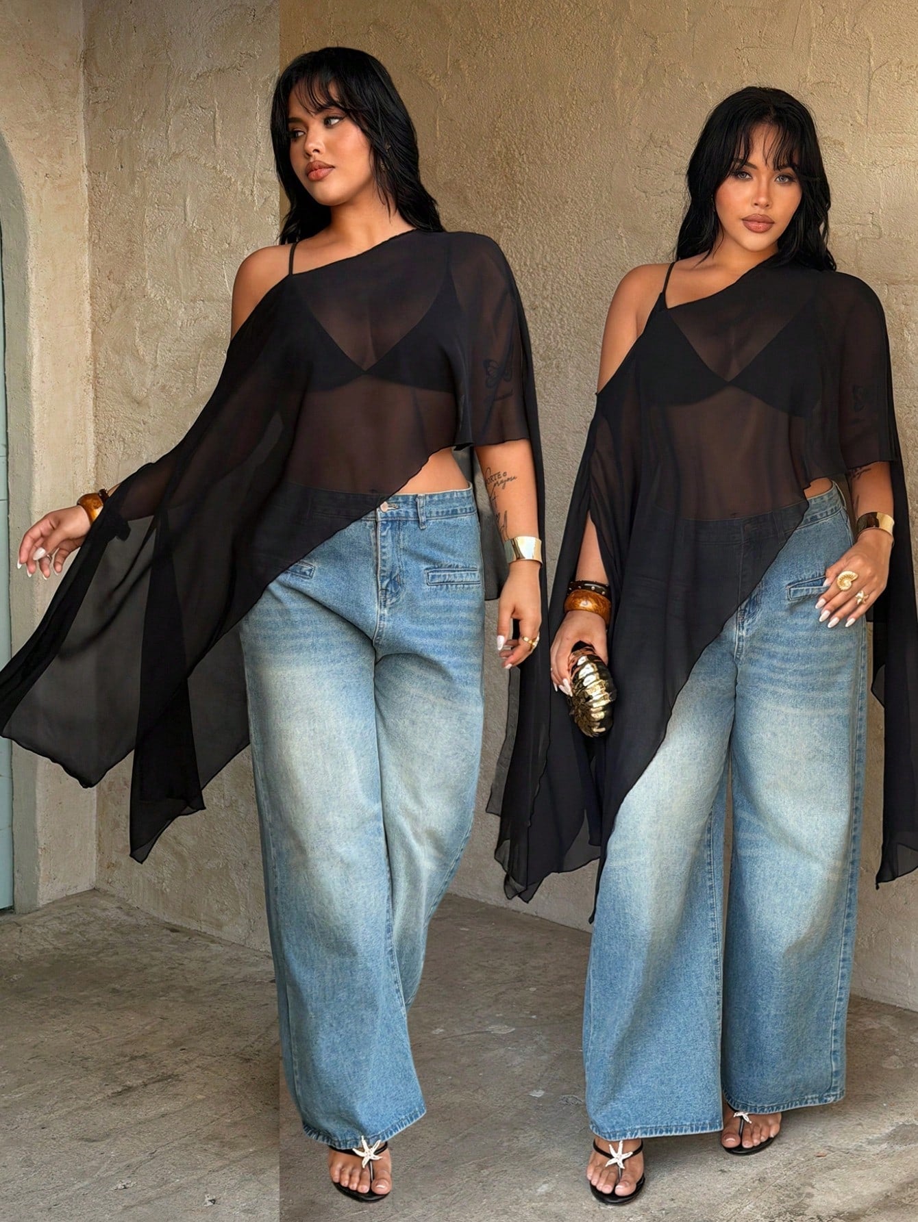 Rustia Plus Size Brown Plain Asymmetrical Hem Semi-Sheer Cloak Sleeve Regular Length Blouse