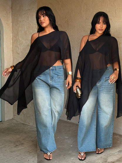 Rustia Plus Size Brown Plain Asymmetrical Hem Semi-Sheer Cloak Sleeve Regular Length Blouse