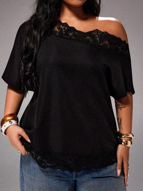 Rustia Plus Size Spring/Summer Contrast Lace Asymmetric Shoulder Blouse