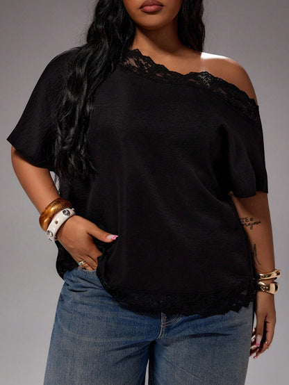 Rustia Plus Size Spring/Summer Contrast Lace Asymmetric Shoulder Blouse