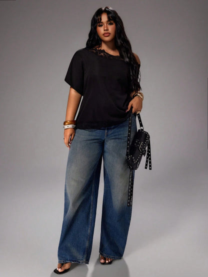 Rustia Plus Size Spring/Summer Contrast Lace Asymmetric Shoulder Blouse