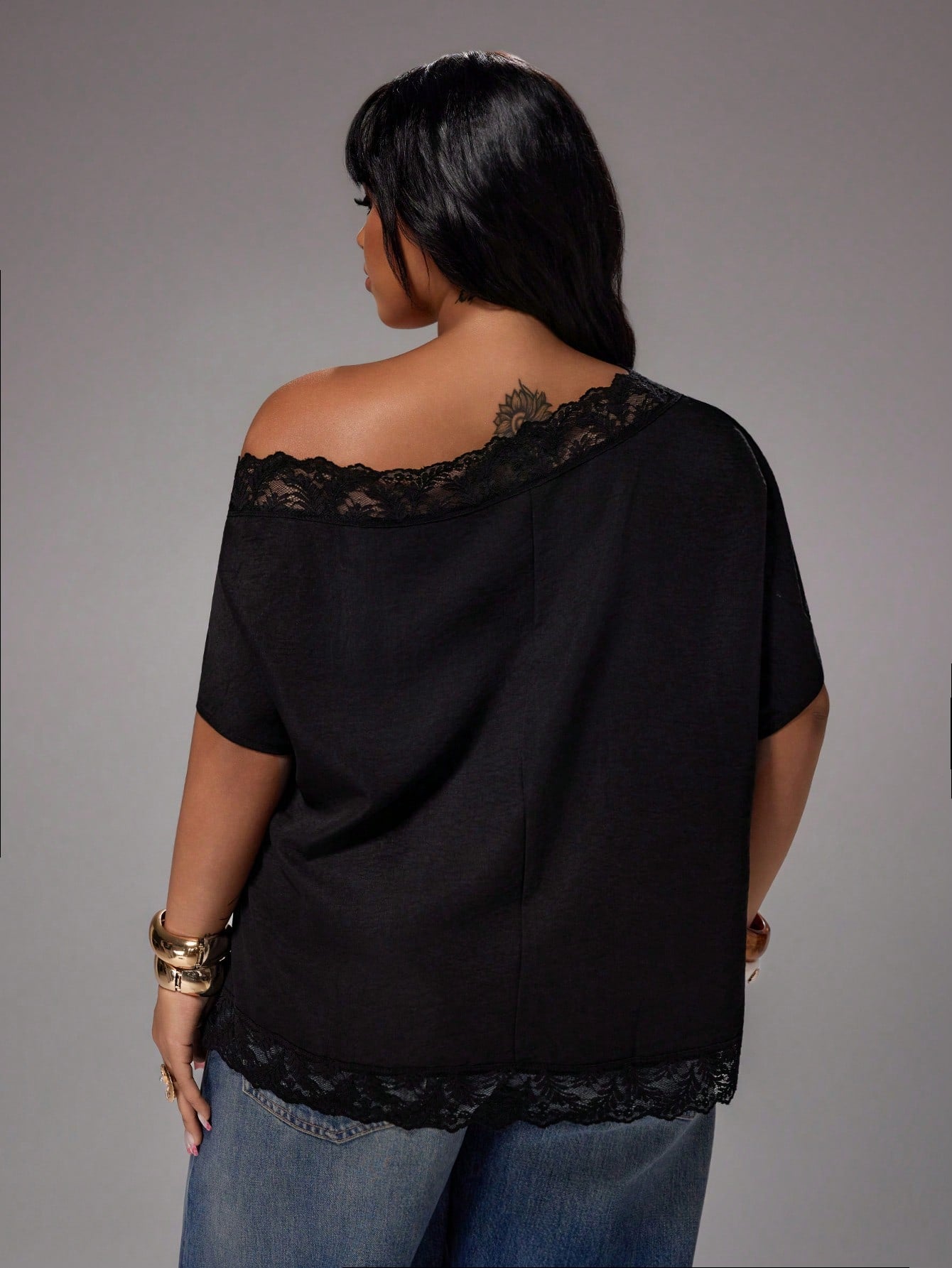Rustia Plus Size Spring/Summer Contrast Lace Asymmetric Shoulder Blouse