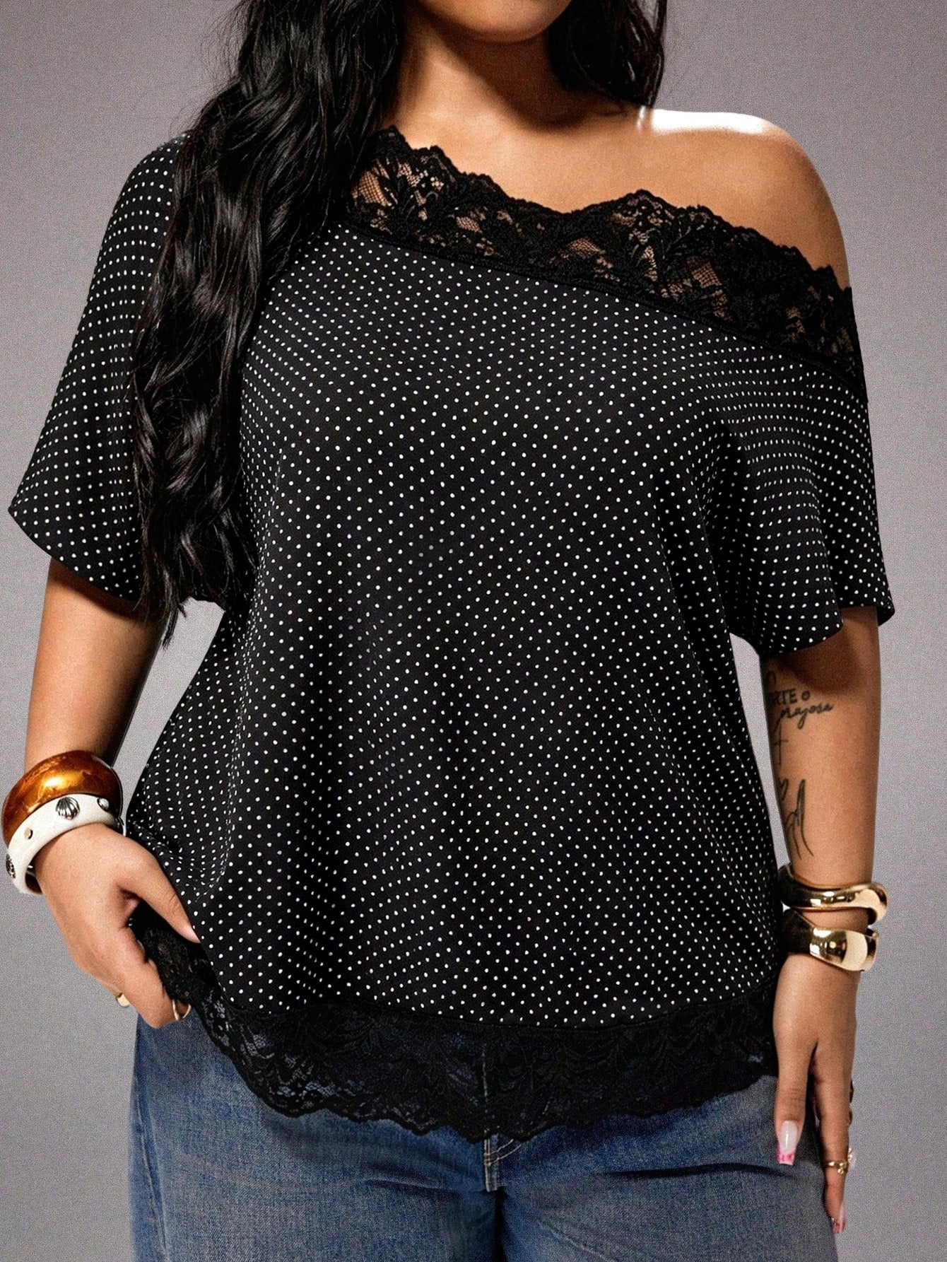 Rustia Plus Size Spring/Summer Contrast Lace Asymmetric Shoulder Blouse