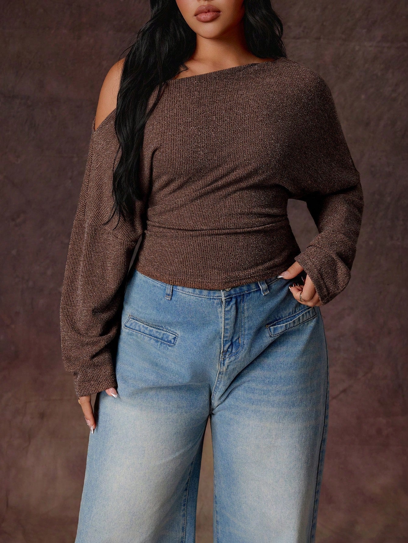 Rustia Plus Size Women's Brown Vintage Romantic Textured Ribbed Fabric Asymmetrical Neckline Long Sleeve Cropped Side Ruched Fitted T-Shirt, Fashionable Versatile Suitable For Daily Wear, Back To Scho