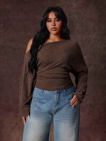 Rustia Plus Size Women's Brown Vintage Romantic Textured Ribbed Fabric Asymmetrical Neckline Long Sleeve Cropped Side Ruched Fitted T-Shirt, Fashionable Versatile Suitable For Daily Wear, Back To Scho