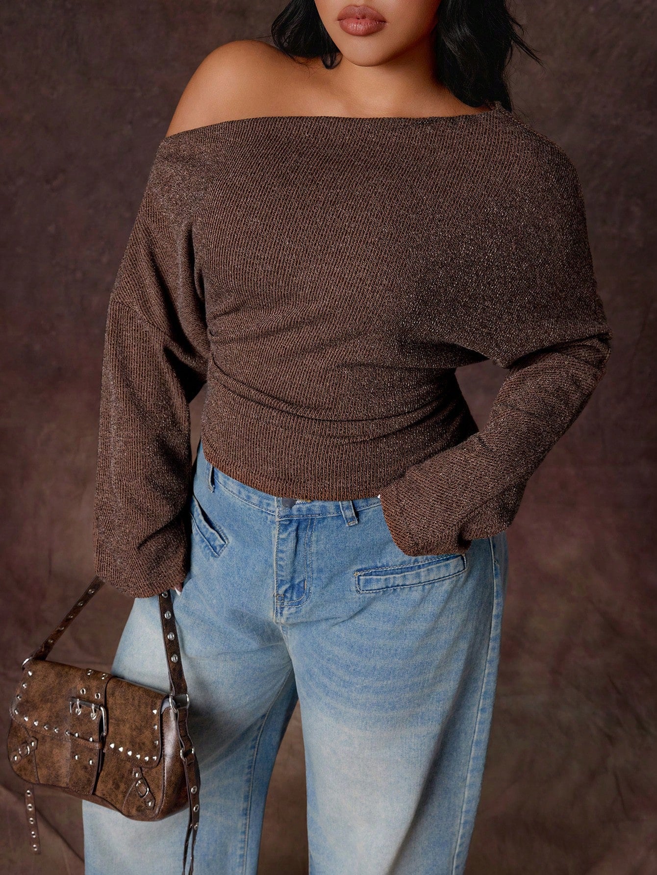Rustia Plus Size Women's Brown Vintage Romantic Textured Ribbed Fabric Asymmetrical Neckline Long Sleeve Cropped Side Ruched Fitted T-Shirt, Fashionable Versatile Suitable For Daily Wear, Back To Scho