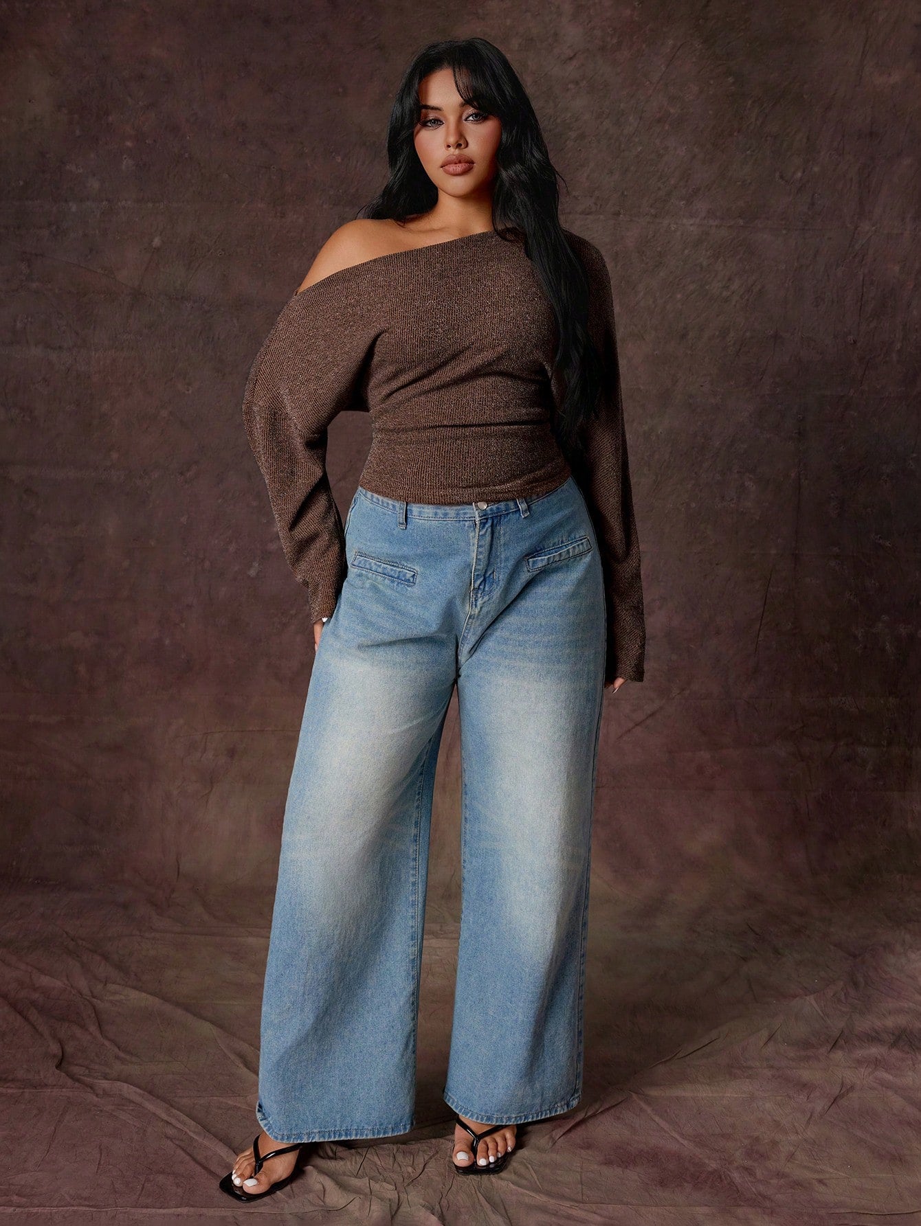 Rustia Plus Size Women's Brown Vintage Romantic Textured Ribbed Fabric Asymmetrical Neckline Long Sleeve Cropped Side Ruched Fitted T-Shirt, Fashionable Versatile Suitable For Daily Wear, Back To Scho