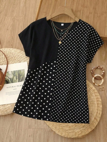 Rusticease Women's Polka Dot Print Round Neck Loose Casual Shirt, Short Sleeve,Short Sleeve Tops