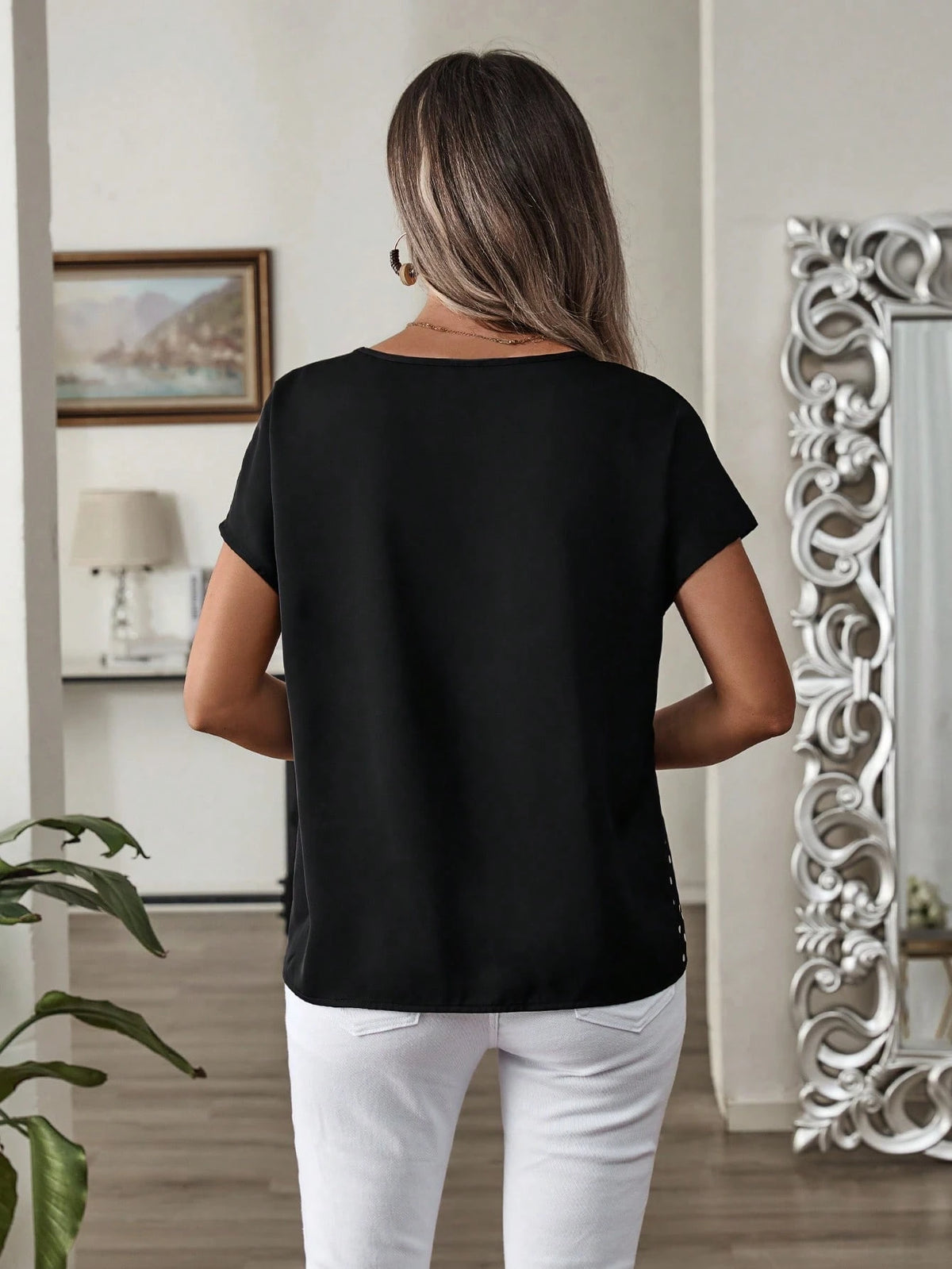 Rusticease Women's Polka Dot Print Round Neck Loose Casual Shirt, Short Sleeve,Short Sleeve Tops