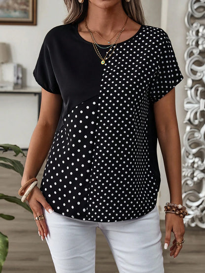 Rusticease Women's Polka Dot Print Round Neck Loose Casual Shirt, Short Sleeve,Short Sleeve Tops