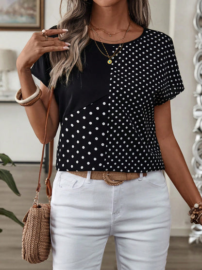 Rusticease Women's Polka Dot Print Round Neck Loose Casual Shirt, Short Sleeve,Short Sleeve Tops
