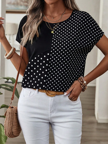 Rusticease Women's Polka Dot Print Round Neck Loose Casual Shirt, Short Sleeve,Short Sleeve Tops