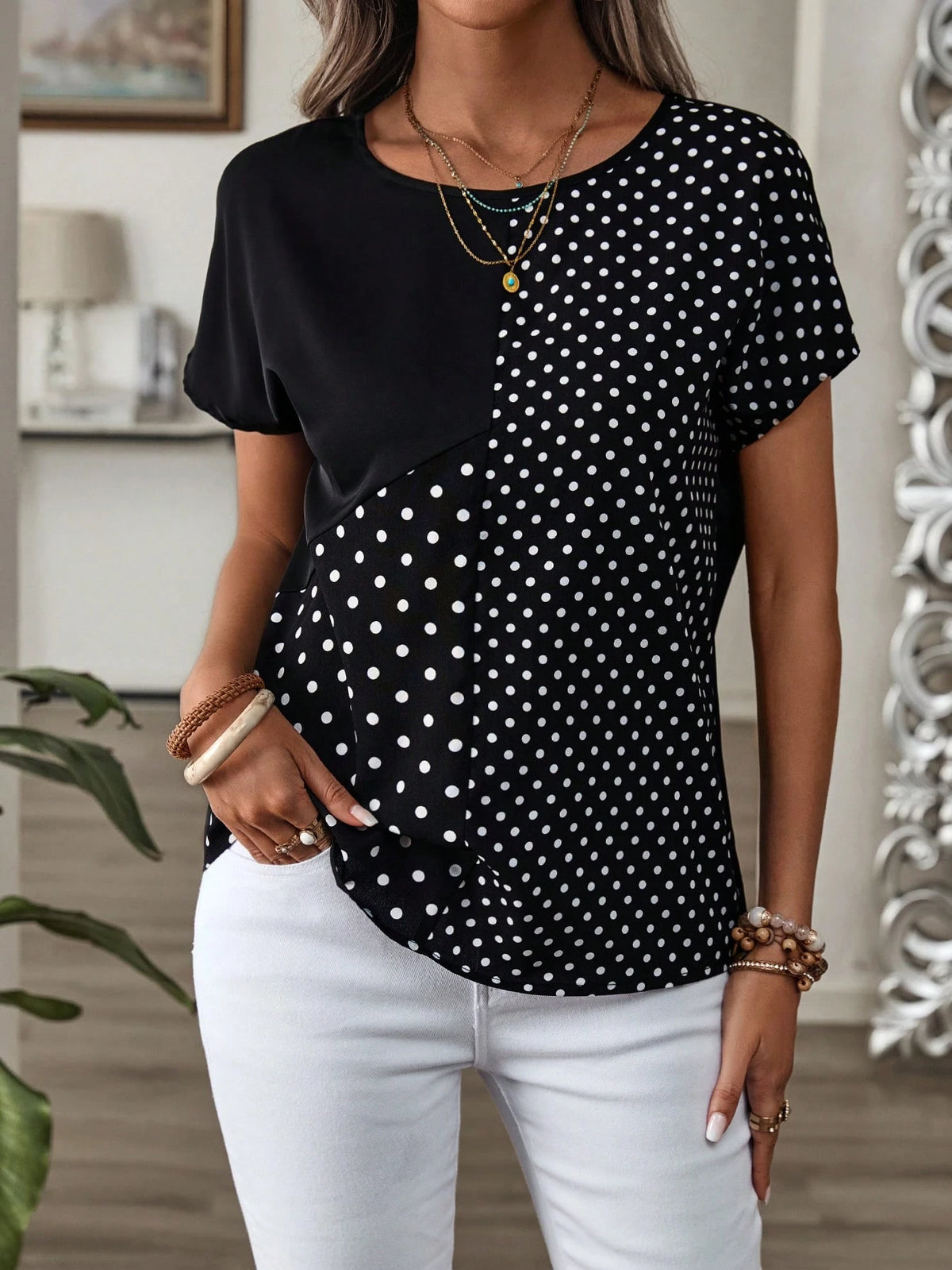 Rusticease Women's Polka Dot Print Round Neck Loose Casual Shirt, Short Sleeve,Short Sleeve Tops