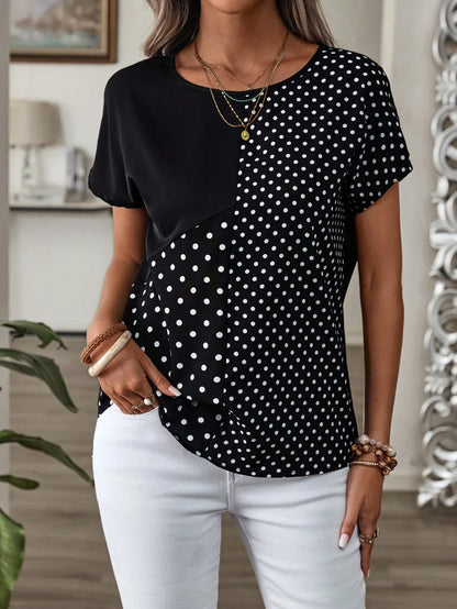 Rusticease Women's Polka Dot Print Round Neck Loose Casual Shirt, Short Sleeve,Short Sleeve Tops