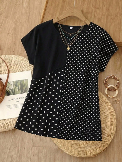 Rusticease Women's Polka Dot Print Round Neck Loose Casual Shirt, Short Sleeve,Short Sleeve Tops