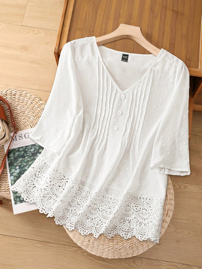 Rusticease Women's Summer Solid Color V-Neck Short Sleeve Casual Loose Shirt