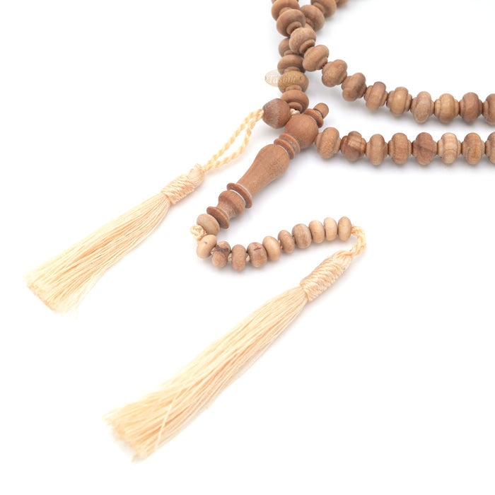 Sandalwood Prayer Beads - 9 mm- Contoured Beads Sandalwood Tasbih Prayer Beads with Beige Tassels