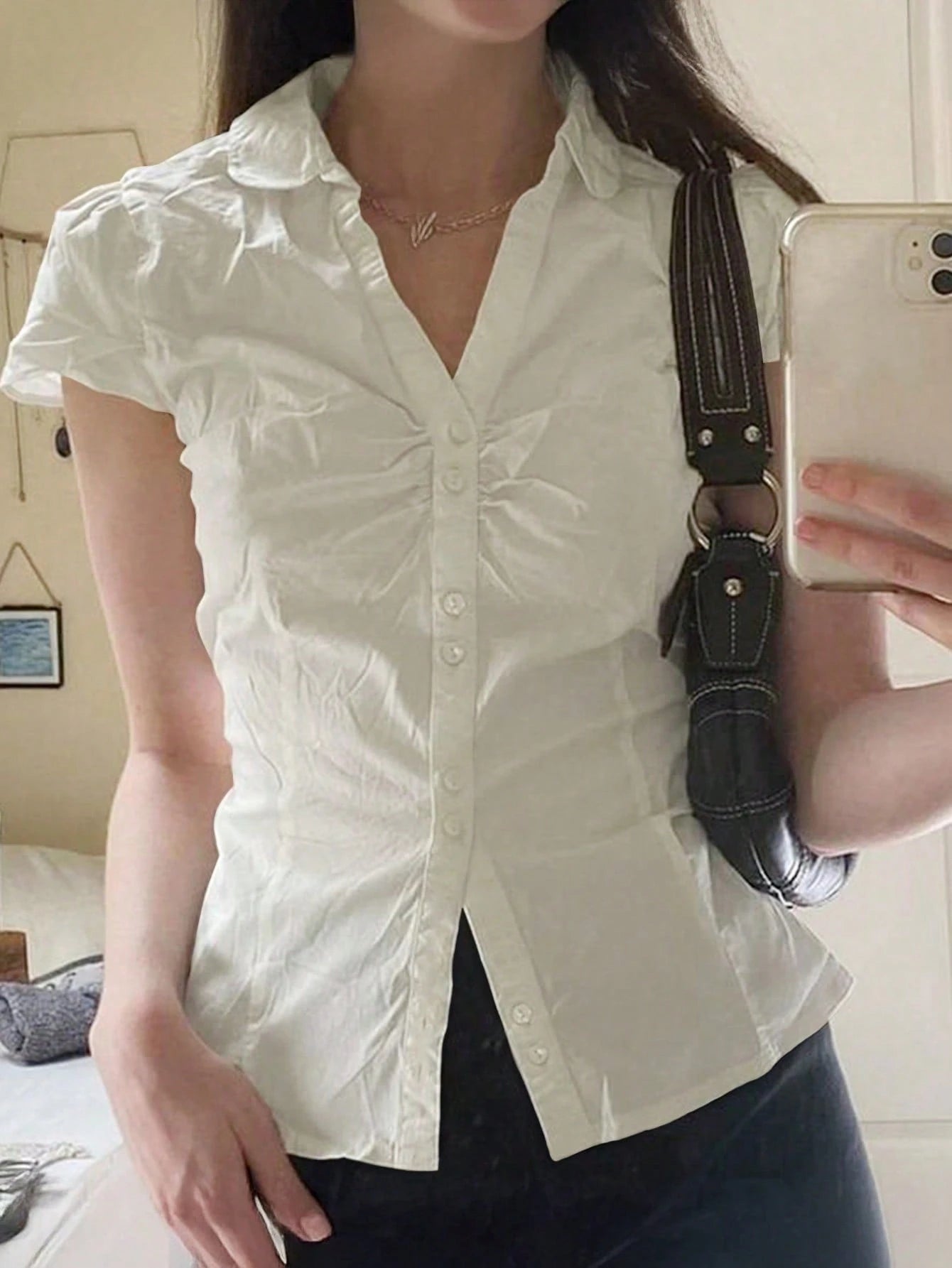 SCARLUX Summer&Fall Y2K Women Solid White Back Tie Short Sleeve Blouse, Slim Fitted Top For Back To School Street Wear