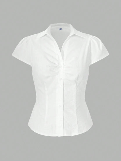 SCARLUX Summer&Fall Y2K Women Solid White Back Tie Short Sleeve Blouse, Slim Fitted Top For Back To School Street Wear