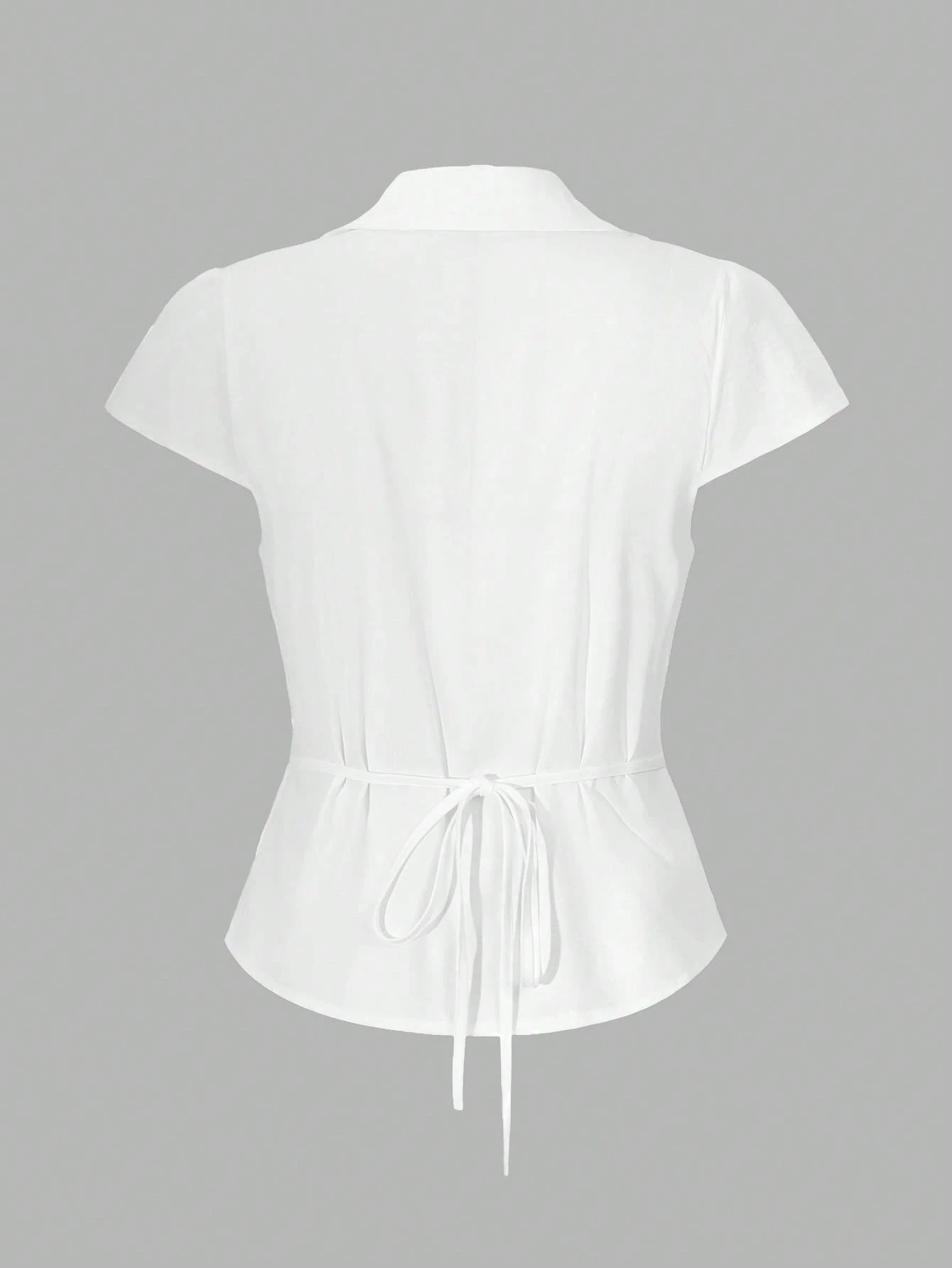 SCARLUX Summer&Fall Y2K Women Solid White Back Tie Short Sleeve Blouse, Slim Fitted Top For Back To School Street Wear