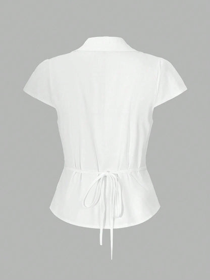 SCARLUX Summer&Fall Y2K Women Solid White Back Tie Short Sleeve Blouse, Slim Fitted Top For Back To School Street Wear