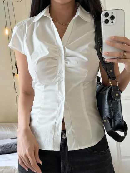 SCARLUX Summer&Fall Y2K Women Solid White Back Tie Short Sleeve Blouse, Slim Fitted Top For Back To School Street Wear
