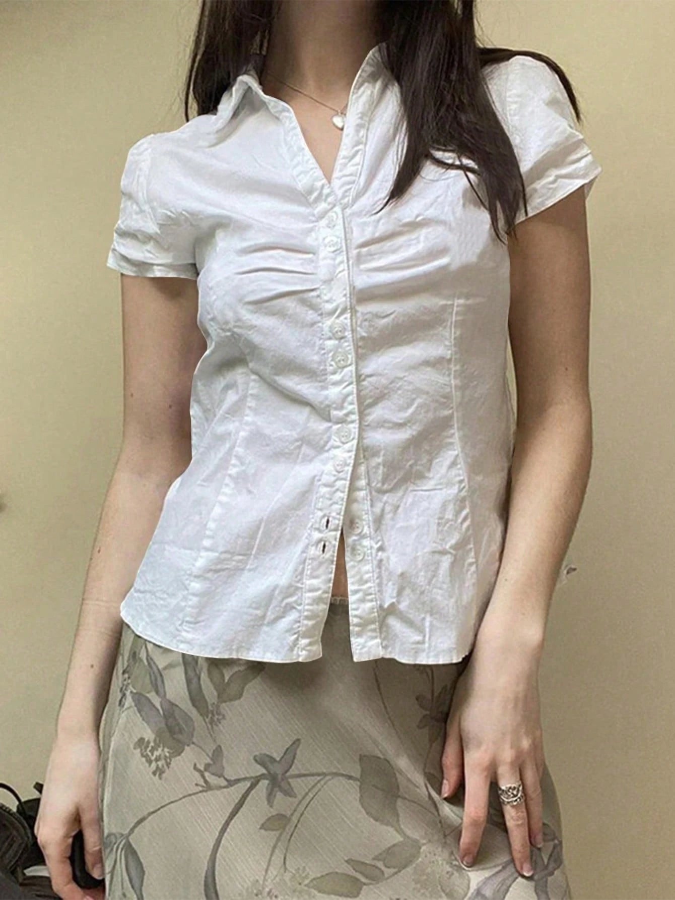 SCARLUX Summer&Fall Y2K Women Solid White Back Tie Short Sleeve Blouse, Slim Fitted Top For Back To School Street Wear