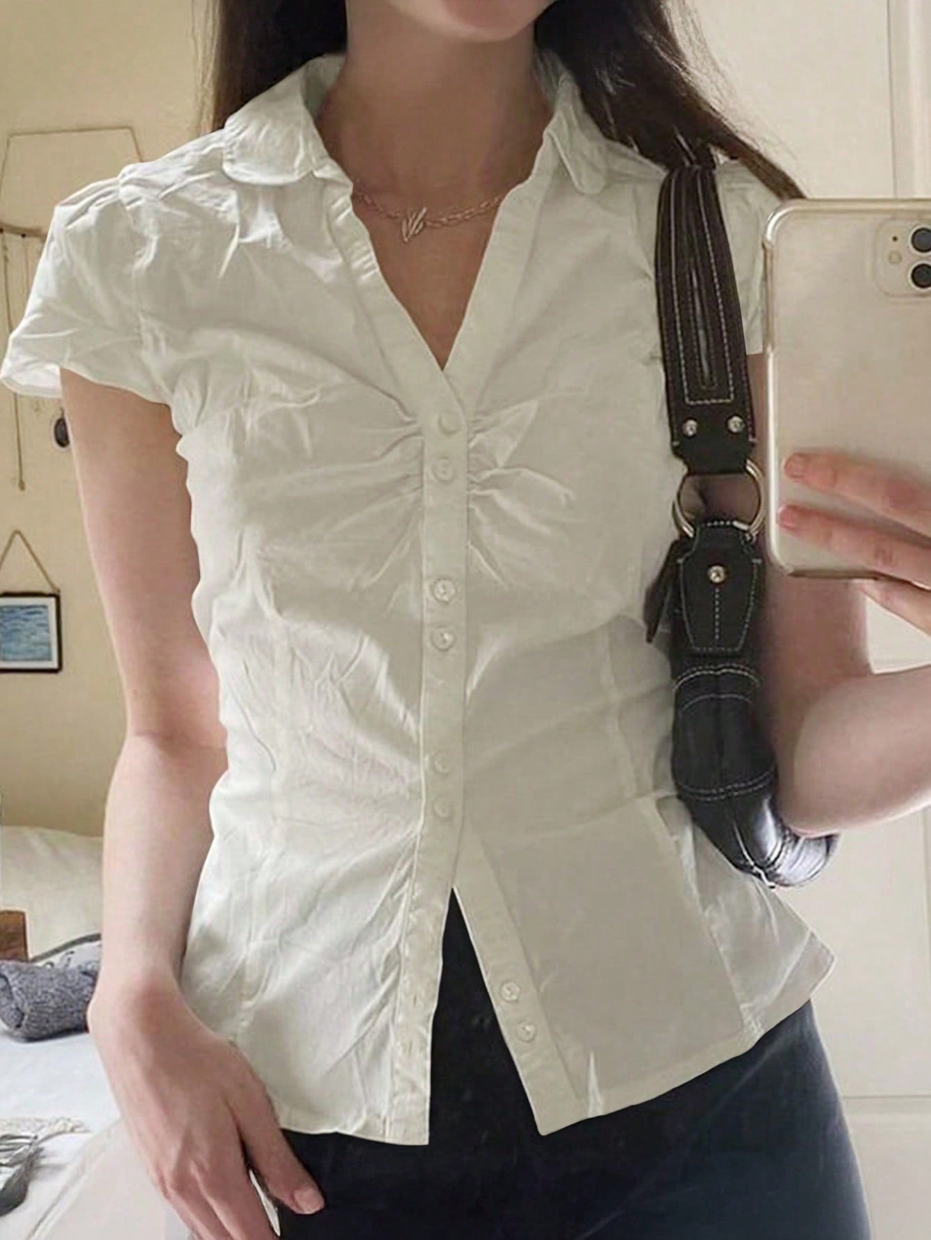 SCARLUX Summer&Fall Y2K Women Solid White Back Tie Short Sleeve Blouse, Slim Fitted Top For Back To School Street Wear