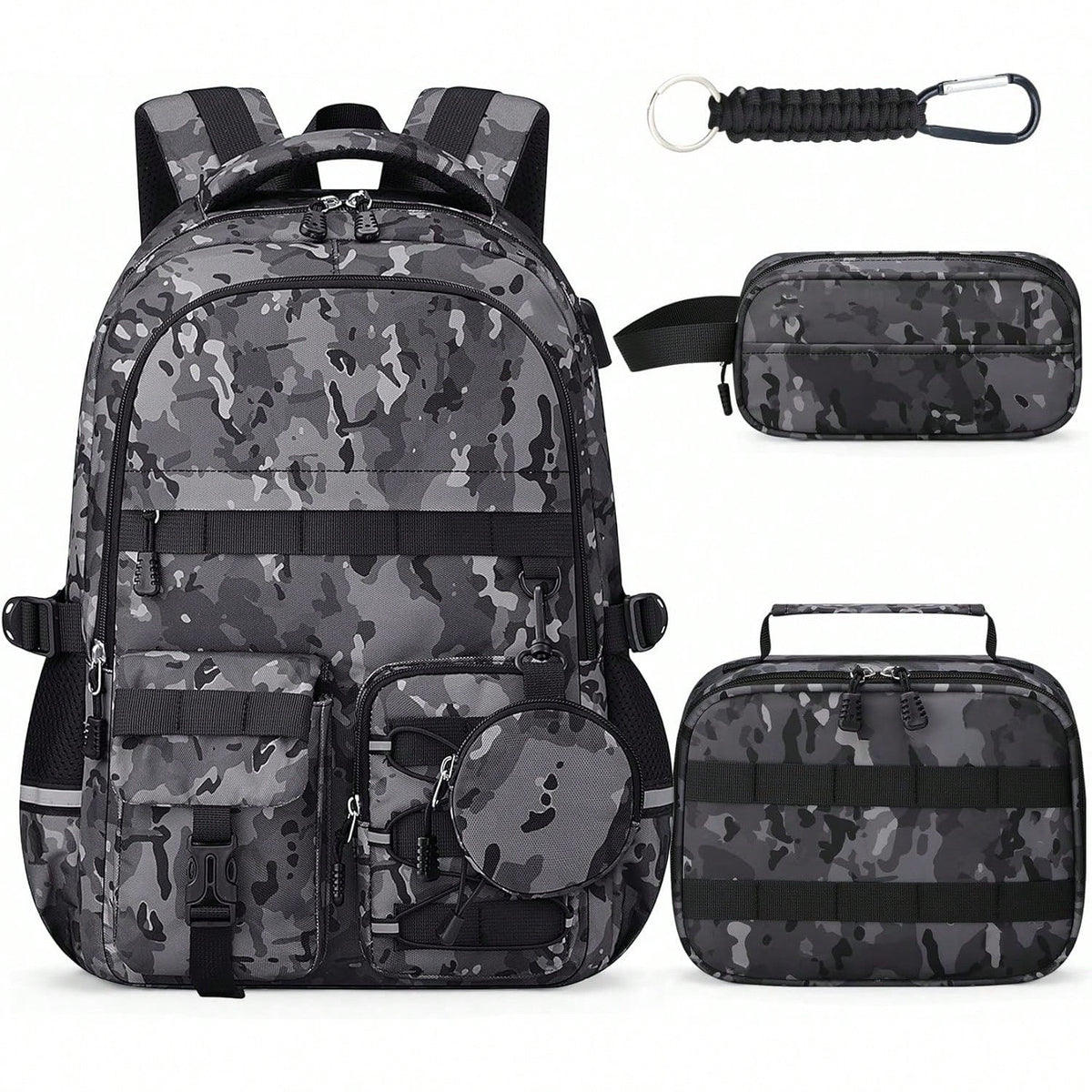 School Backpack For Boys- 5pcs Camo Boys Backpack With Lunch Box Set For Kids Teens Elementary Middle High School,18″ Large Capacity Students Bookbag