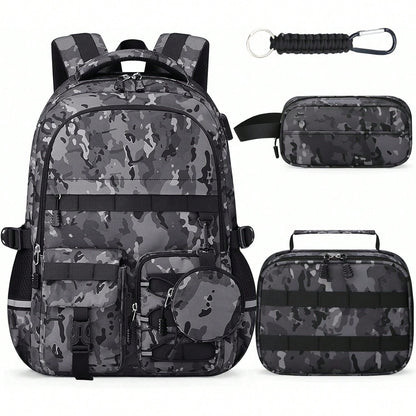 School Backpack For Boys- 5pcs Camo Boys Backpack With Lunch Box Set For Kids Teens Elementary Middle High School,18″ Large Capacity Students Bookbag