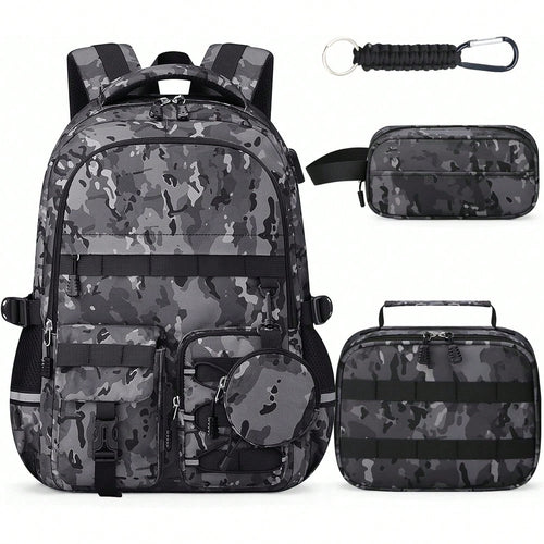 School Backpack For Boys- 5pcs Camo Boys Backpack With Lunch Box Set For Kids Teens Elementary Middle High School,18″ Large Capacity Students Bookbag