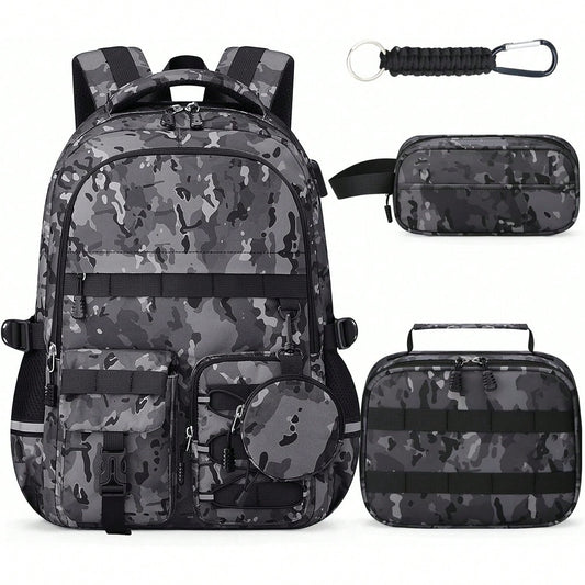School Backpack For Boys- 5pcs Camo Boys Backpack With Lunch Box Set For Kids Teens Elementary Middle High School,18″ Large Capacity Students Bookbag
